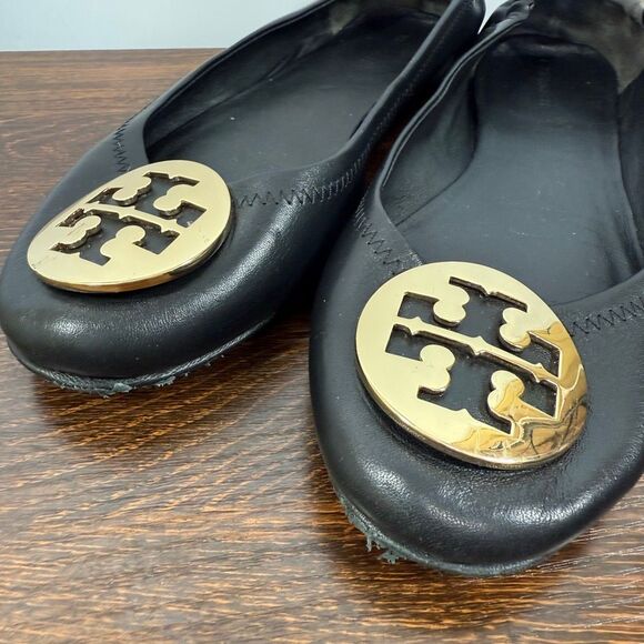 Tory Burch perfect black nappa leather Minnie Travel Ballet w/metal gold logo fl - Picture 5 of 12